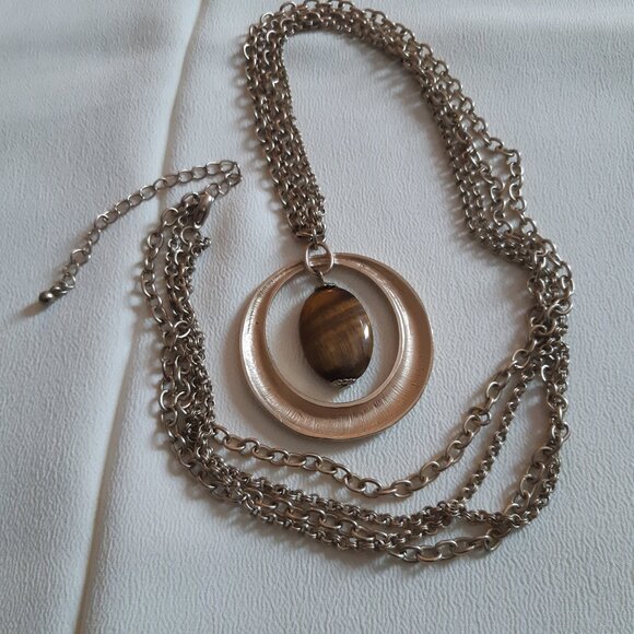 Tiger's Eye Pendant 32" Double Chain Vintage Necklace, Light Gold Tone - Picture 5 of 8